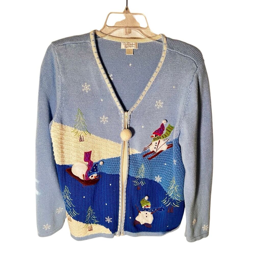 Vintage 90s Christopher & Banks Full Zip Snowman Winter Wonderland Sweater Sz XL